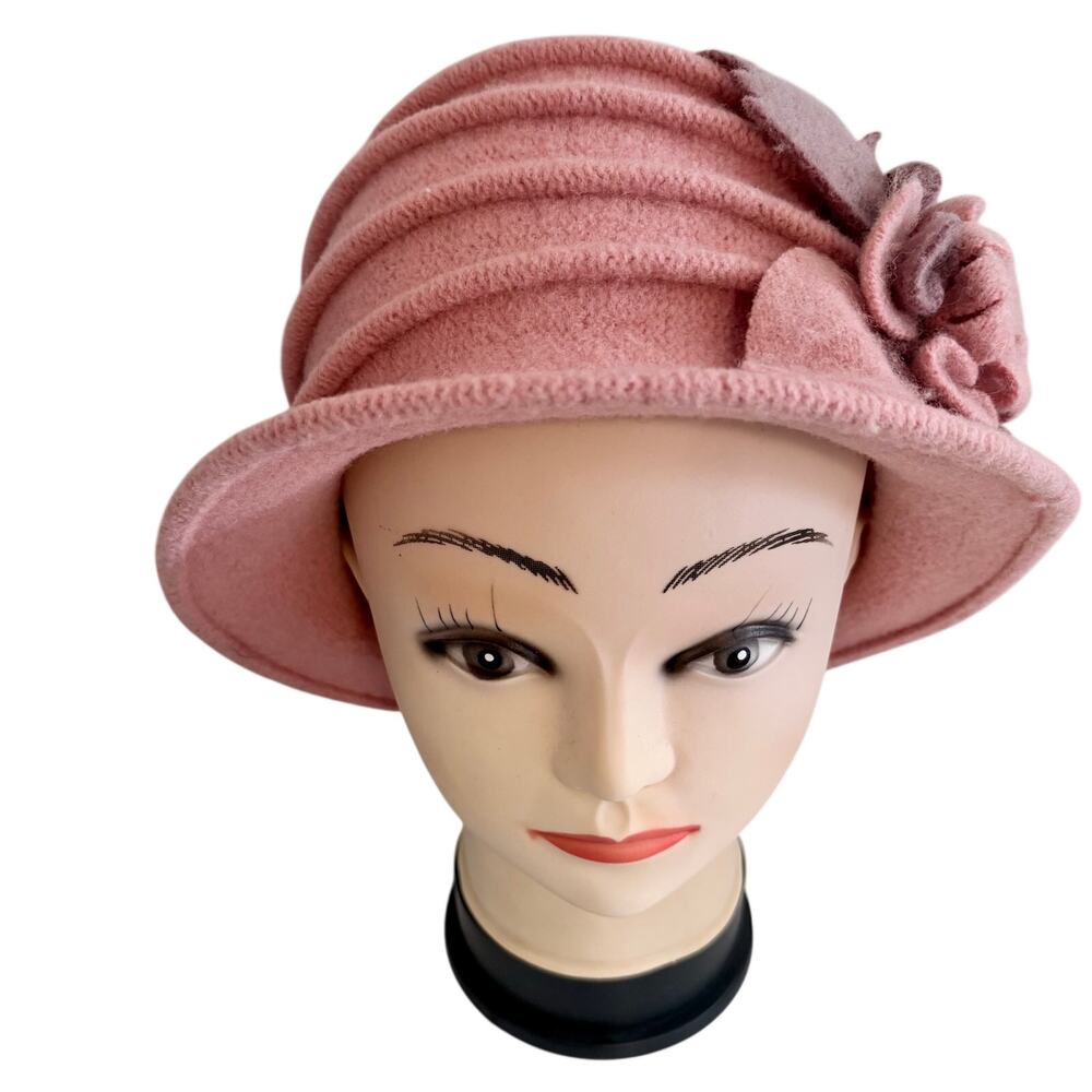 Dusty Rose Wool Banded Flower Cluster 20's Flapper Cloche Hat Retro Coquette